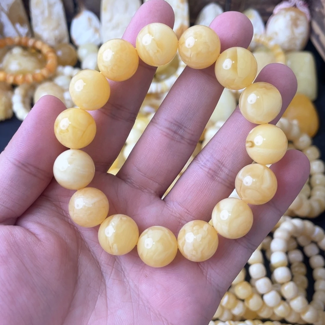琥珀手串未镶嵌14+俄料妖白花蜡圆珠手串