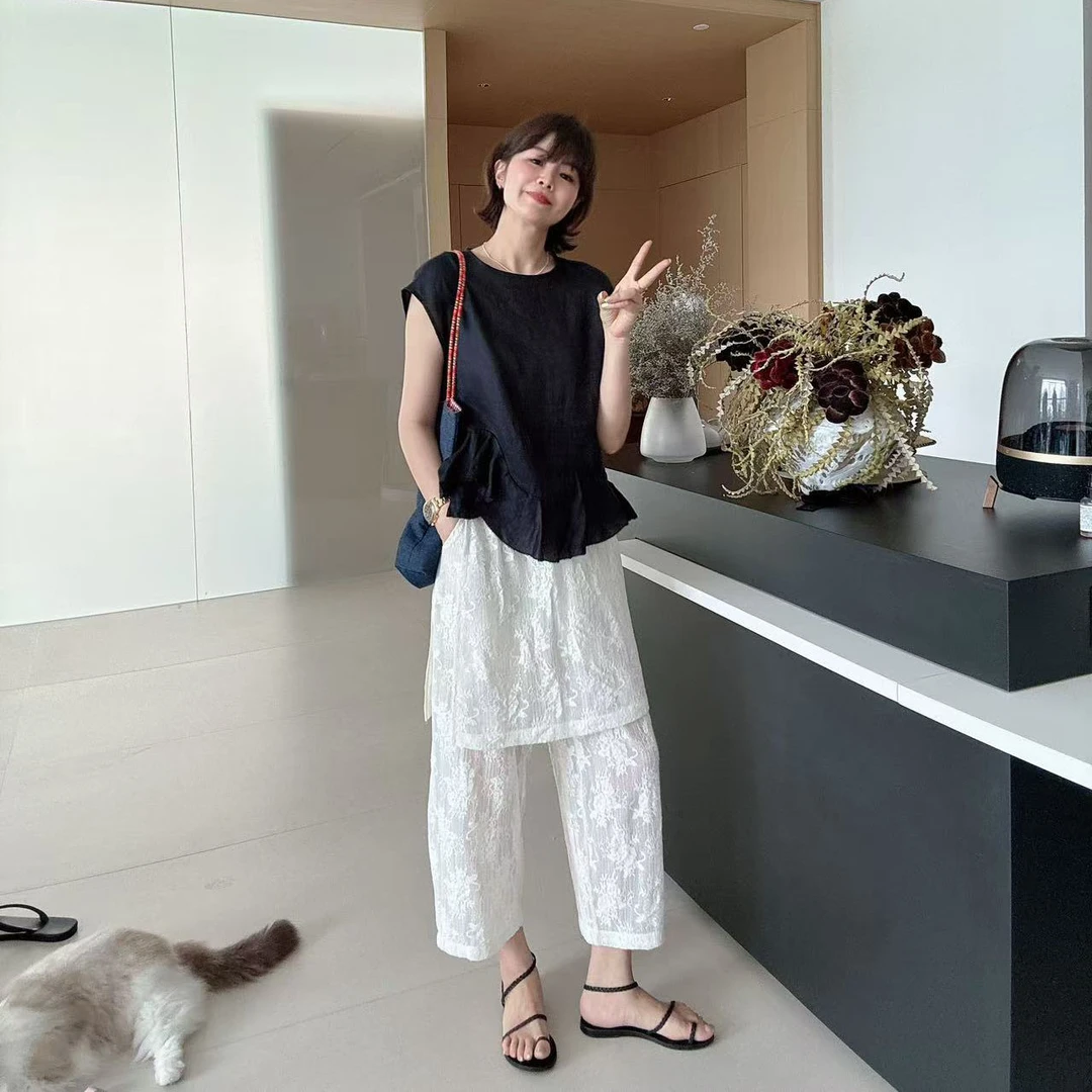 夏季高腰显瘦蕾丝勾花两件套九分休闲裤裙