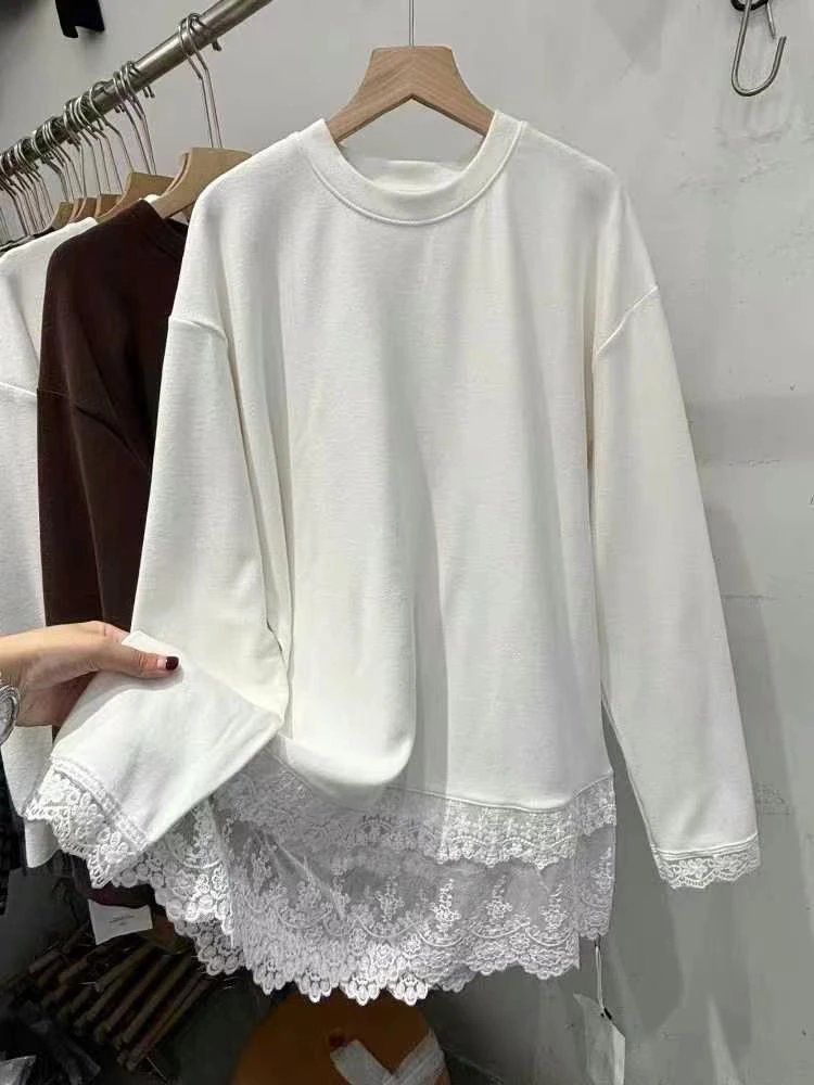 吸汗蕾丝常规款T恤长袖拼接韩版套头中长款休闲圆领夏季纯色