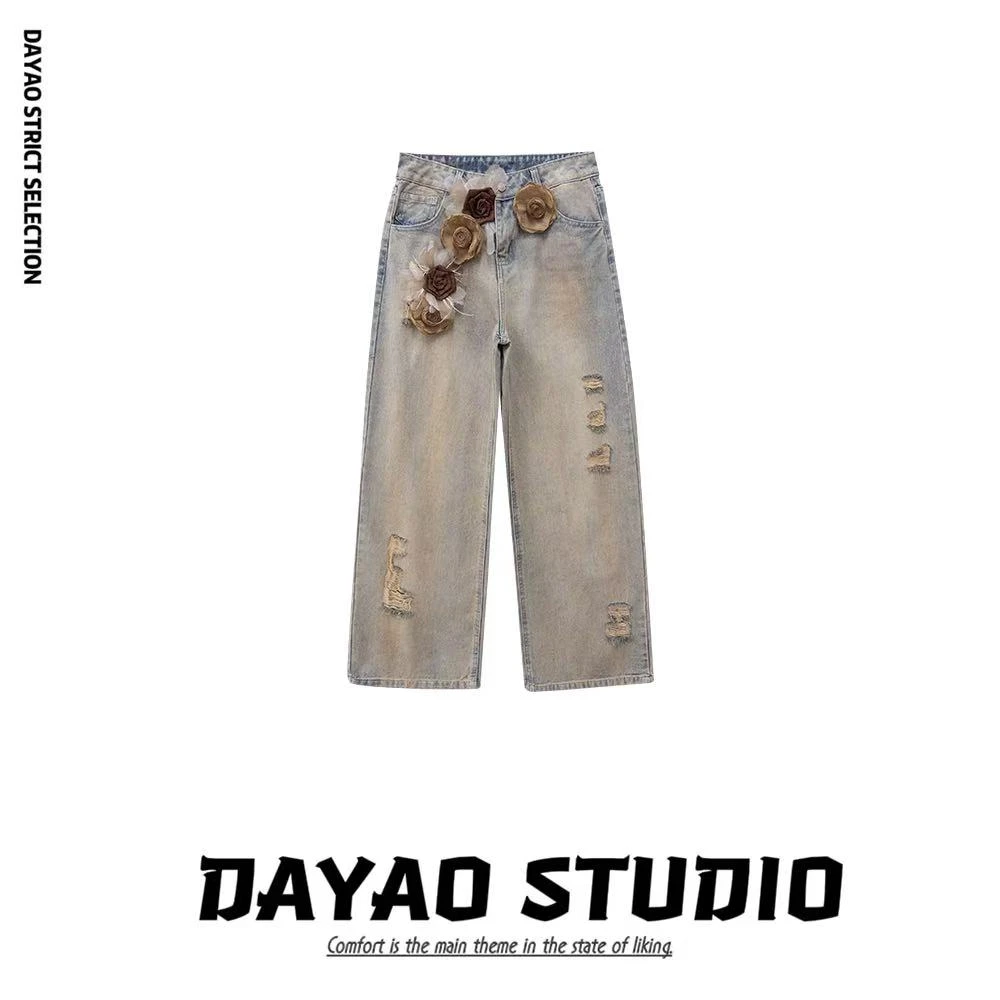 【干枯玫瑰】花朵水洗做旧直筒阔腿牛仔裤  （花朵可拆卸）
