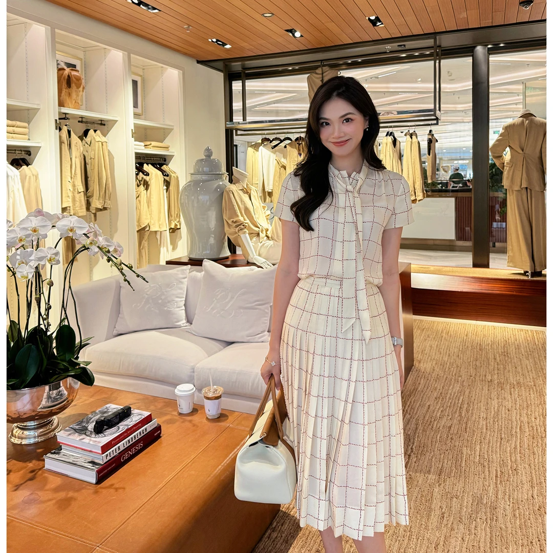 【琳媚】“半裙”1OO%桑蚕丝格子百褶印花半裙女