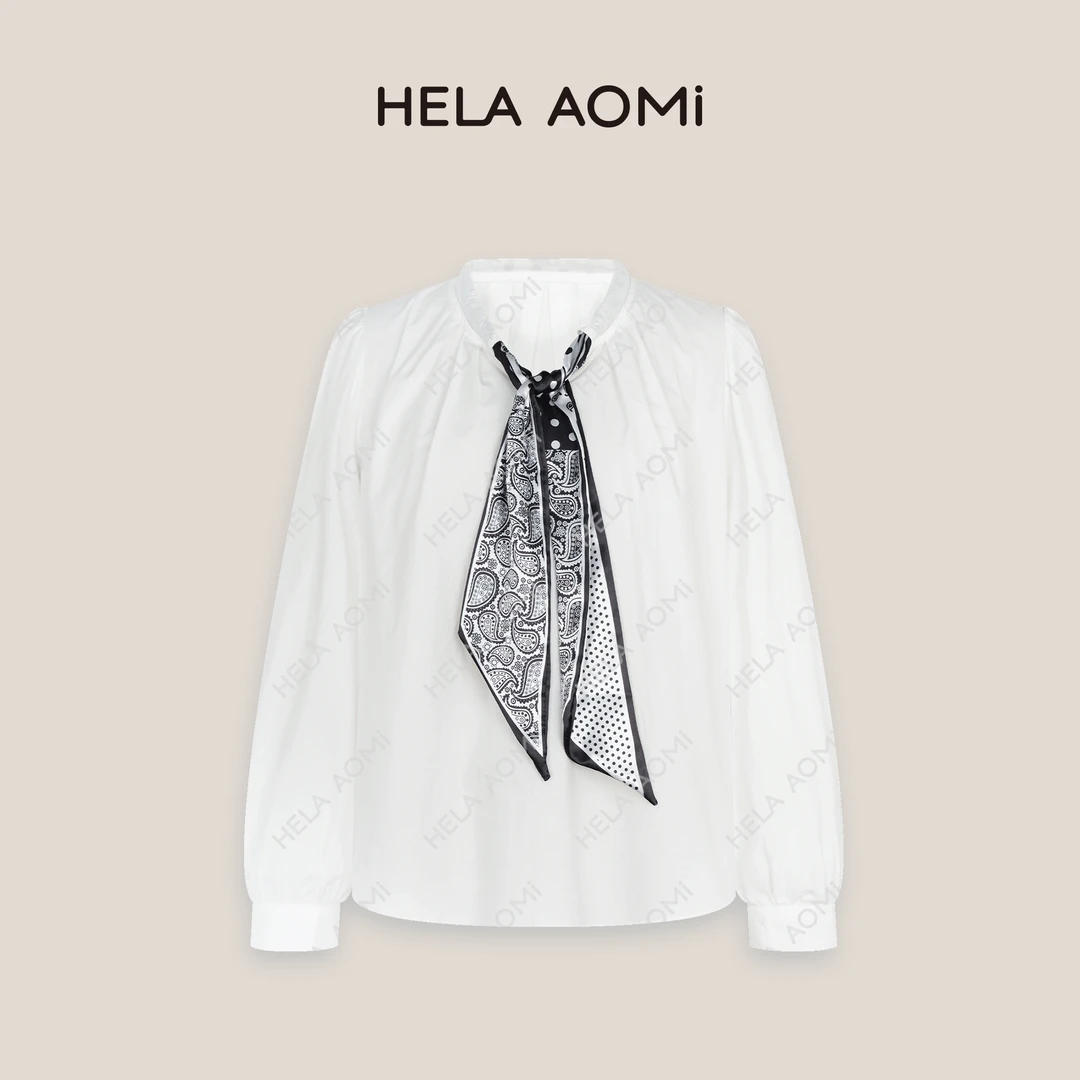 HELAAOMI “丝巾衬衫”设计感小众白色长袖飘带气质衬衫CY5AL11226