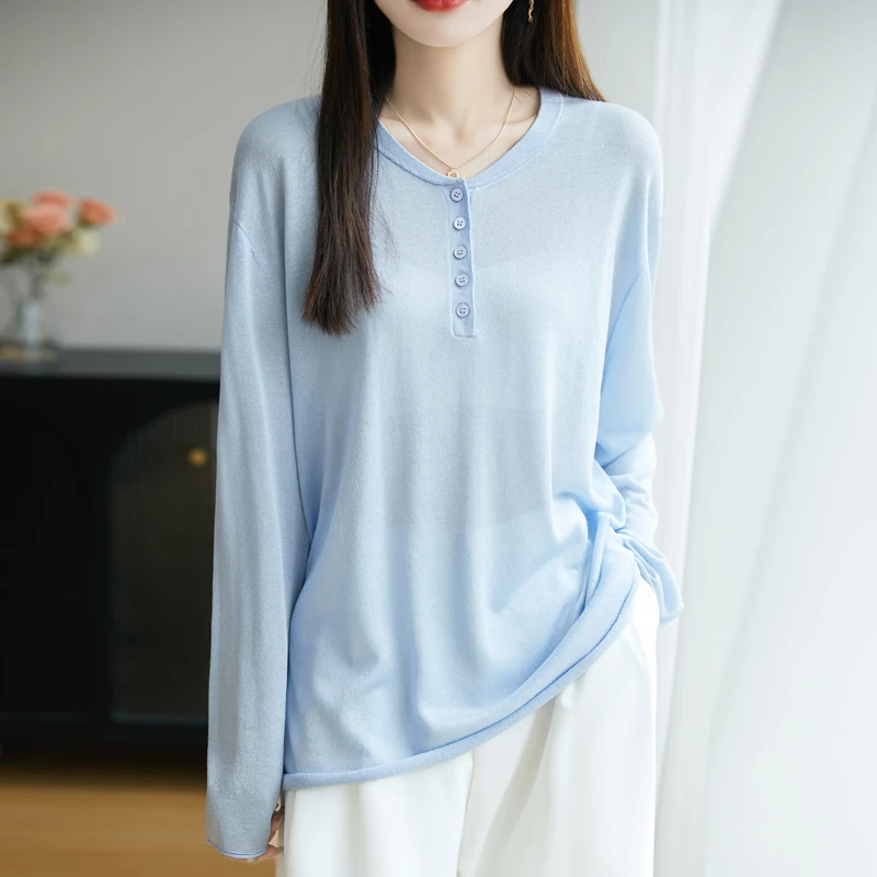 羊范2025春夏新款天丝针织衫女圆领薄款半开襟微透宽松空调衫长袖