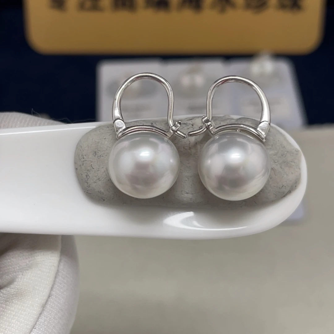 银S925镶嵌海水珍珠澳白耳饰12-13