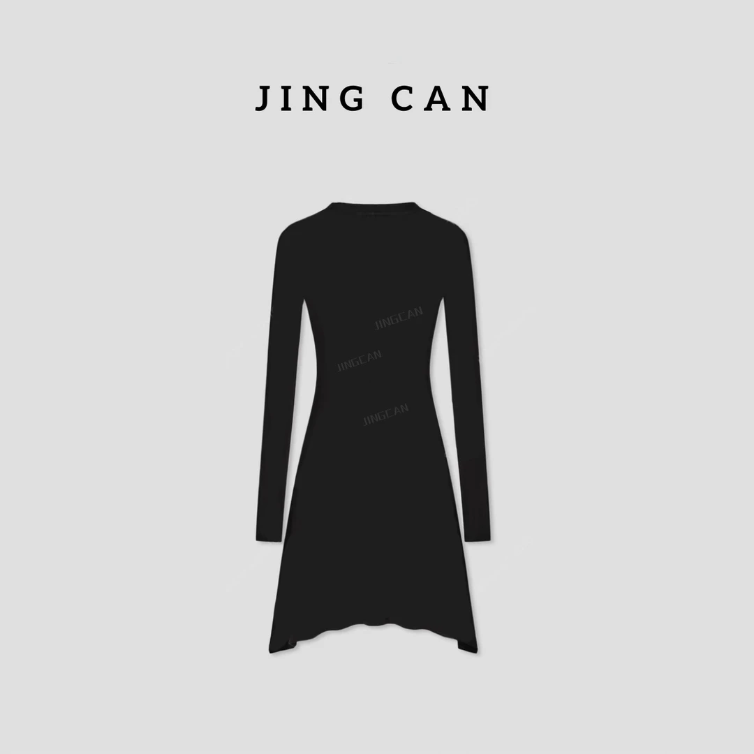 景灿JingCan【气质】气质轻奢黑色连衣裙针织收腰秋冬