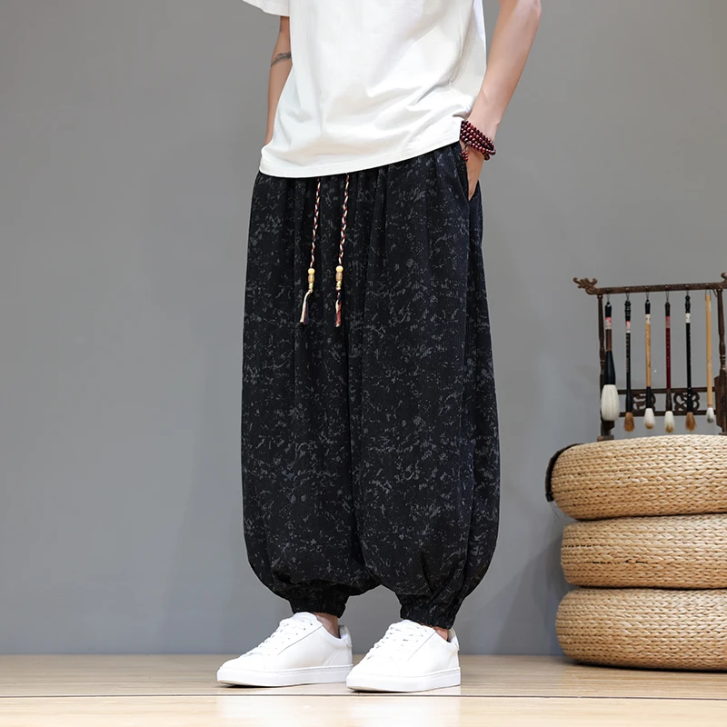 大码肥佬灯笼裤男款秋冬季新中式国风设计感提花宽松灯芯绒运动裤