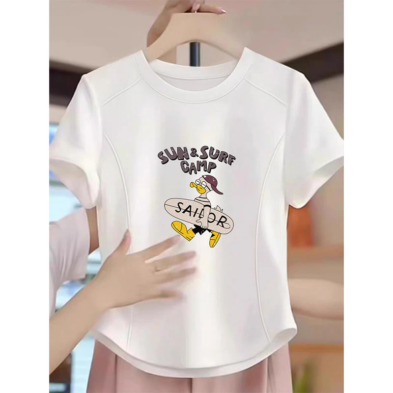 2025夏季线条正肩修身短袖t恤女圆领直筒型显瘦时尚休闲百搭上衣