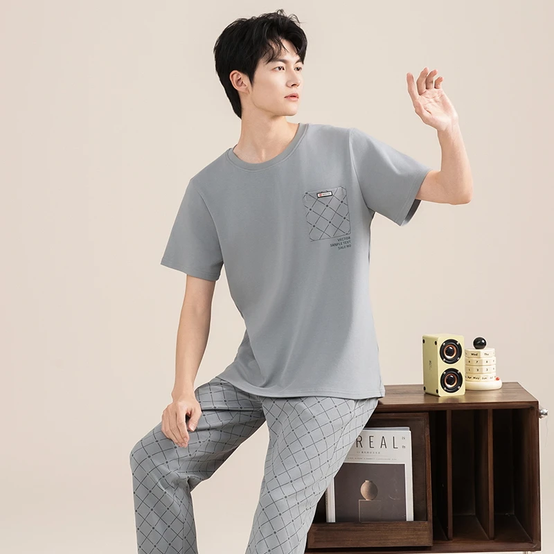 52211全棉家居服套装格子长裤睡衣短袖长裤纯棉男士春夏夏季薄款