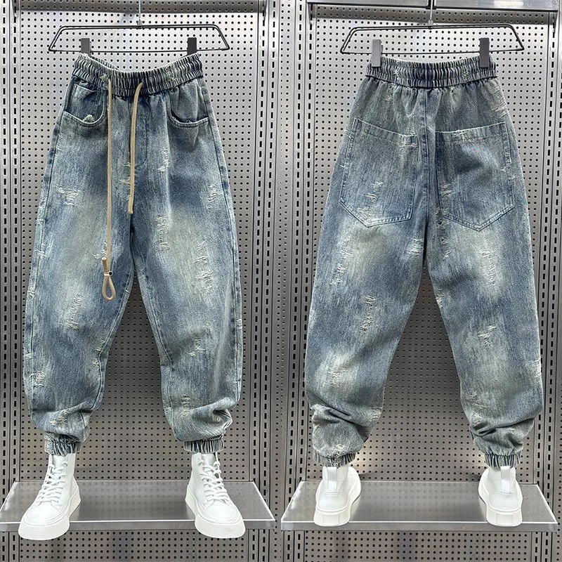 水洗设计感束脚牛仔裤男春夏季复古刮烂风格休闲裤痞帅哈伦束脚裤