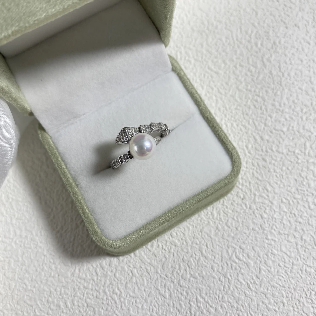 「蛇戒」s925银戒指海水akoya珍珠7-8mm正圆极光镜面 蛇年