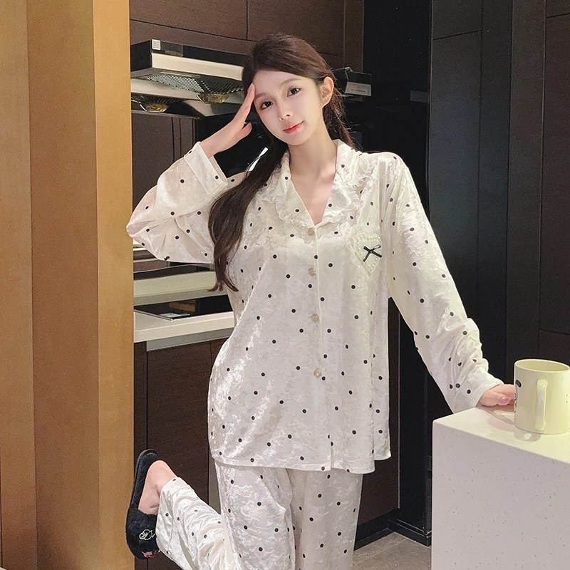 蕾丝公主少黑圆点蝴蝶结金丝绒2025新款高级感秋冬长袖睡衣女套装