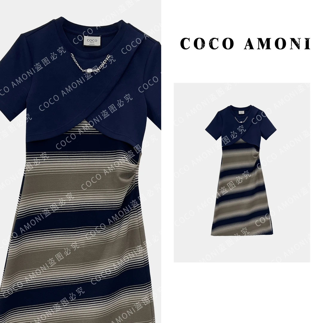 夏日绝美时尚爆款假两件女装拼接烫砖项链收腰显瘦连衣裙AC002