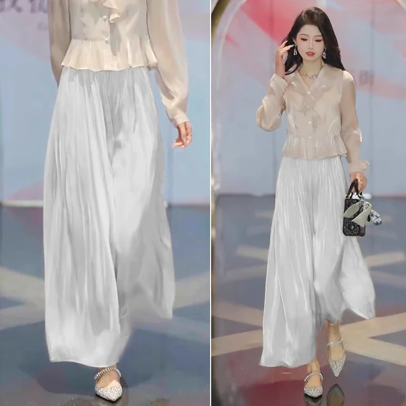拉夏贝尔气质流光纱裙裤女2025夏季新款薄款高腰宽松垂感阔腿裤子