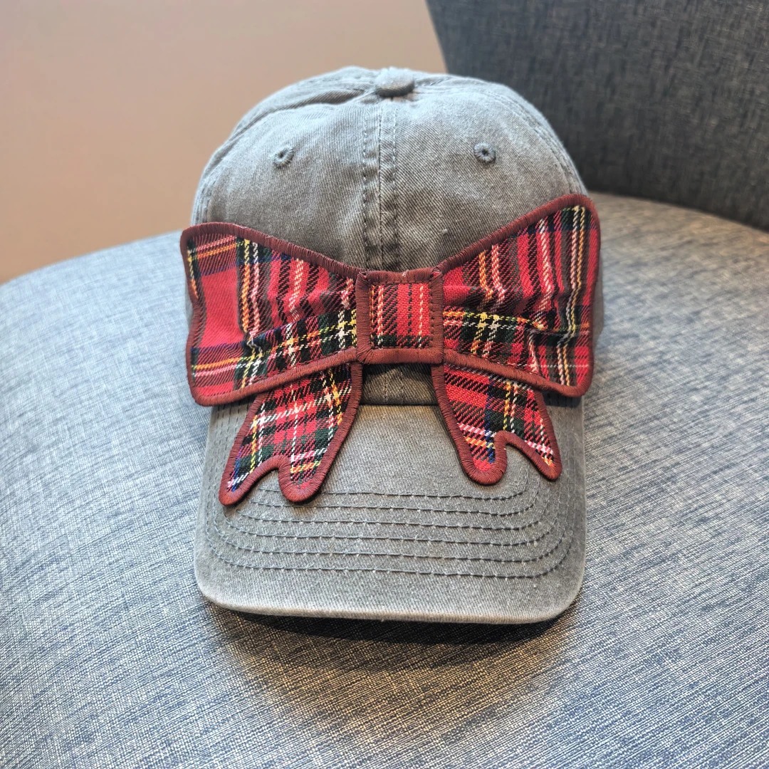 KK202红色格子蝴蝶结棒球帽帽子