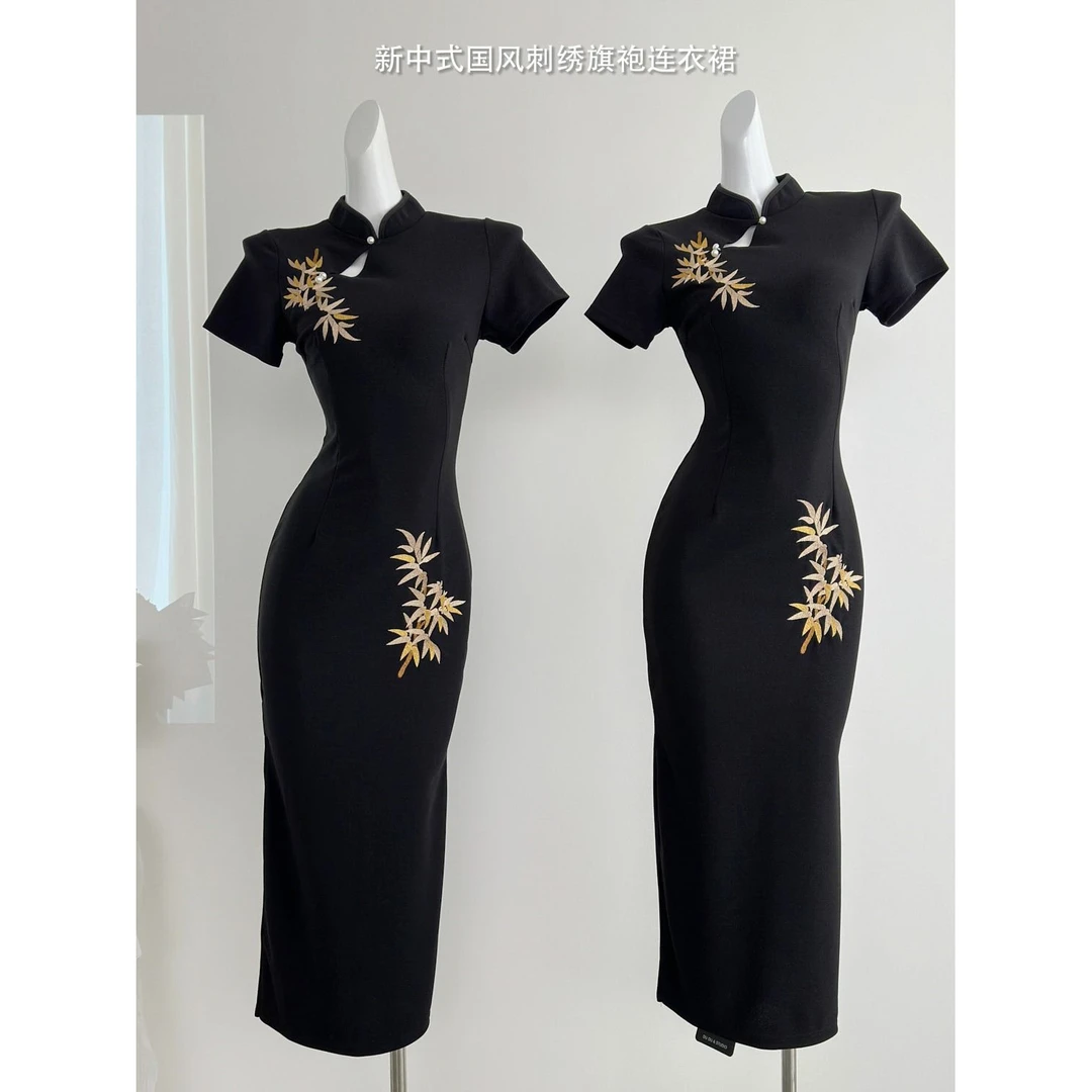 原创自制新中式刺绣改良旗袍弹力西装修身显瘦连衣裙 短袖金竹