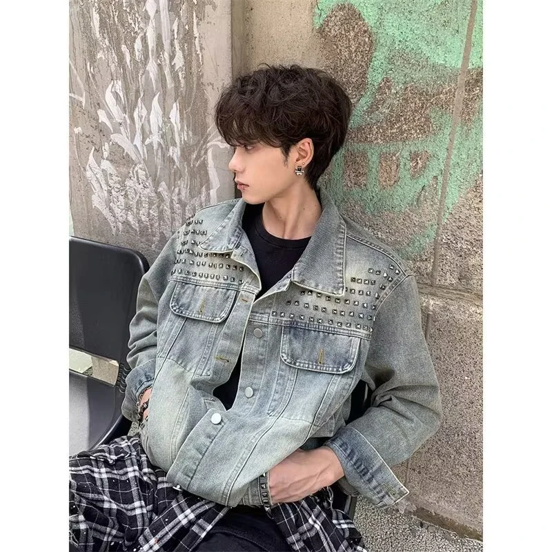 美式重工铆钉牛仔外套男女设计感小众宽松廓形做旧夹克上衣水洗