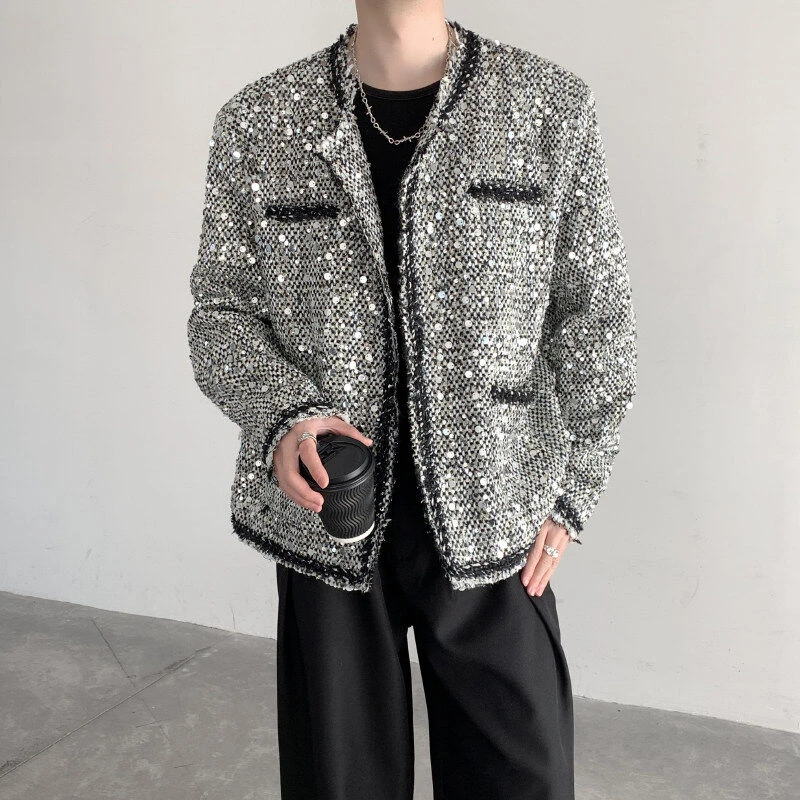 小香风短款无领宽松夹克外套男装酒吧夜店舞台亮片表演垫肩西服潮