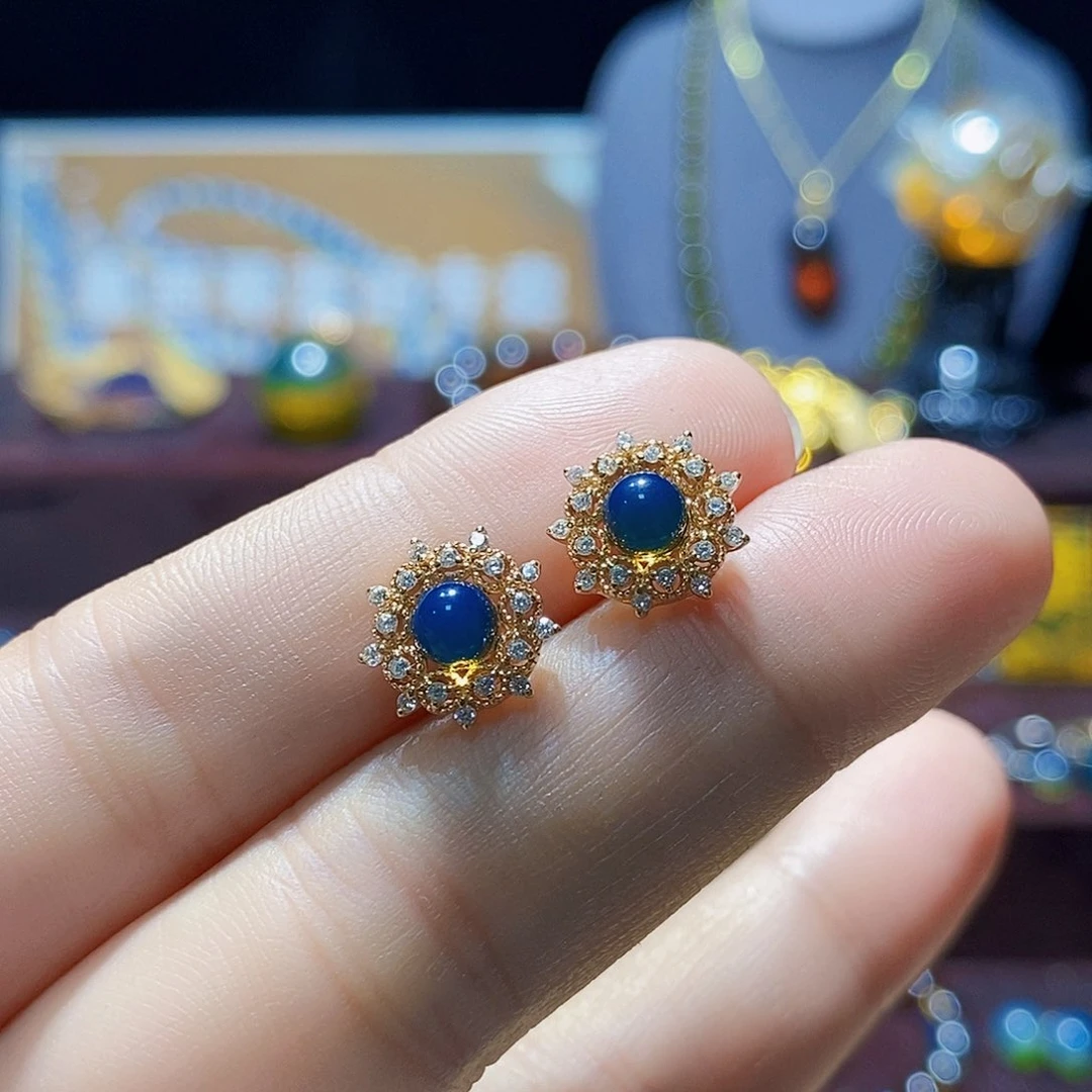 银S925镀金镶嵌蓝珀耳饰4m高蓝净水耳钉