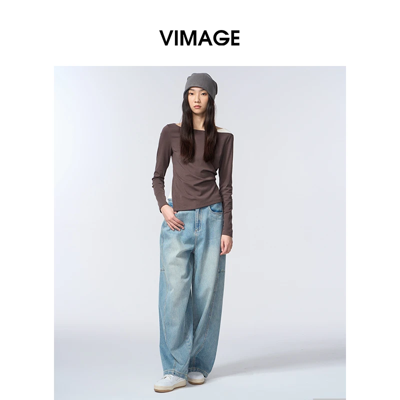 VIMAGE纬漫纪一字领休闲通勤简约T恤不对称长袖上衣秋季V2402103