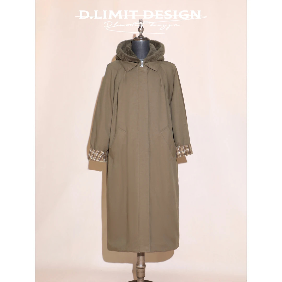 【D.Limit design】亚麻莫代尔棉拼接格纹连帽皮草鹅绒大衣DLBLT038