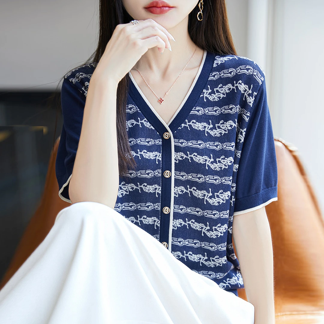 胖mm高端大码女装夏装冰丝针织衫女士短袖t恤遮肚子巨显瘦v领上衣