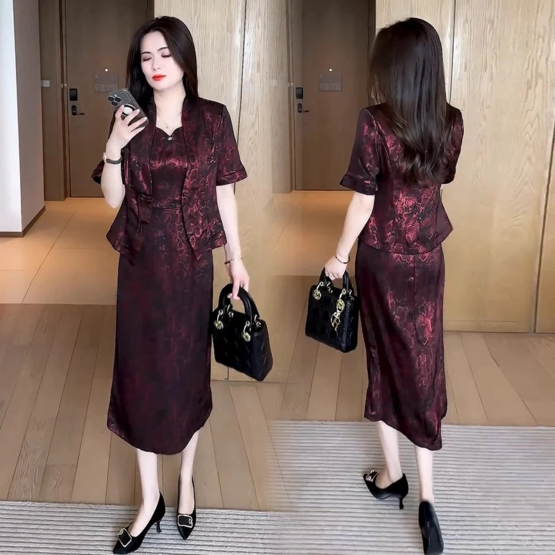 新中式时尚套装女士2025夏季新款高级感气质短袖外套背心裙两件套