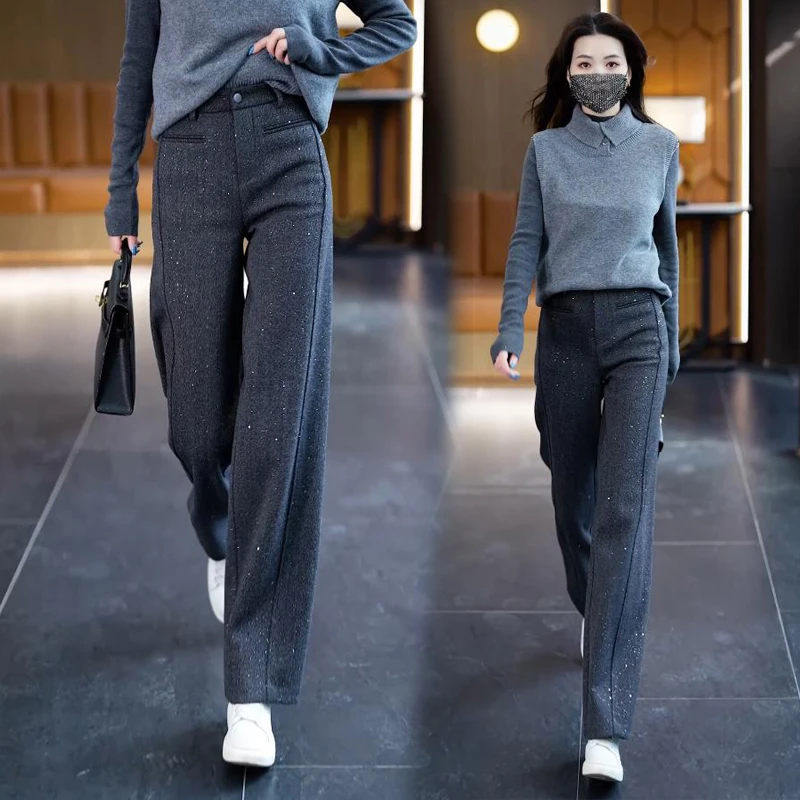 秋冬亮片毛呢窄版直筒裤时尚套装女新款马甲保暖打底衫三件套女装