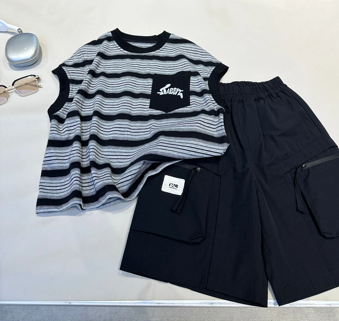 男童夏装套装中大童潮酷痞帅童装背心休闲短裤两件套 25254