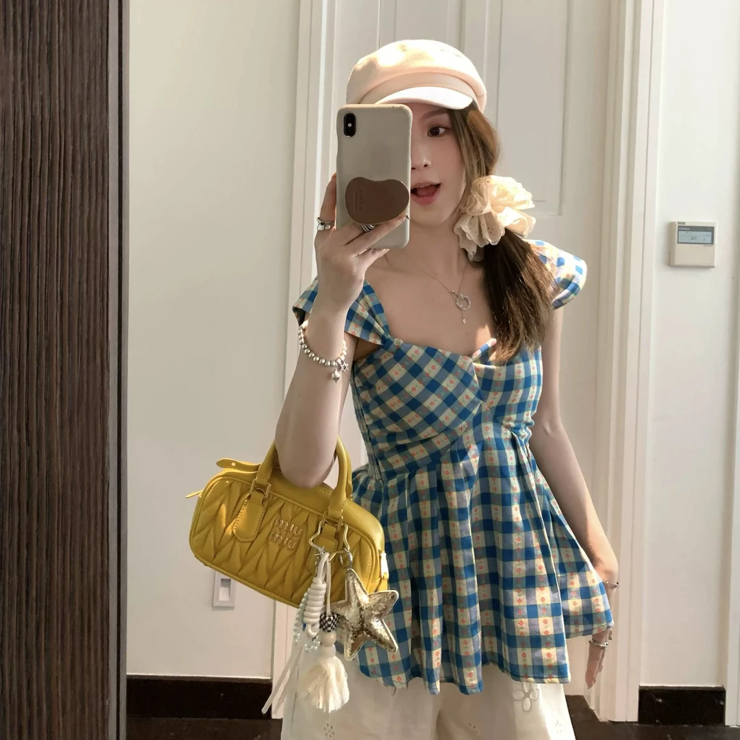 法式甜美方领碎花格子背心衬衫女夏季设计感收腰花苞短上衣