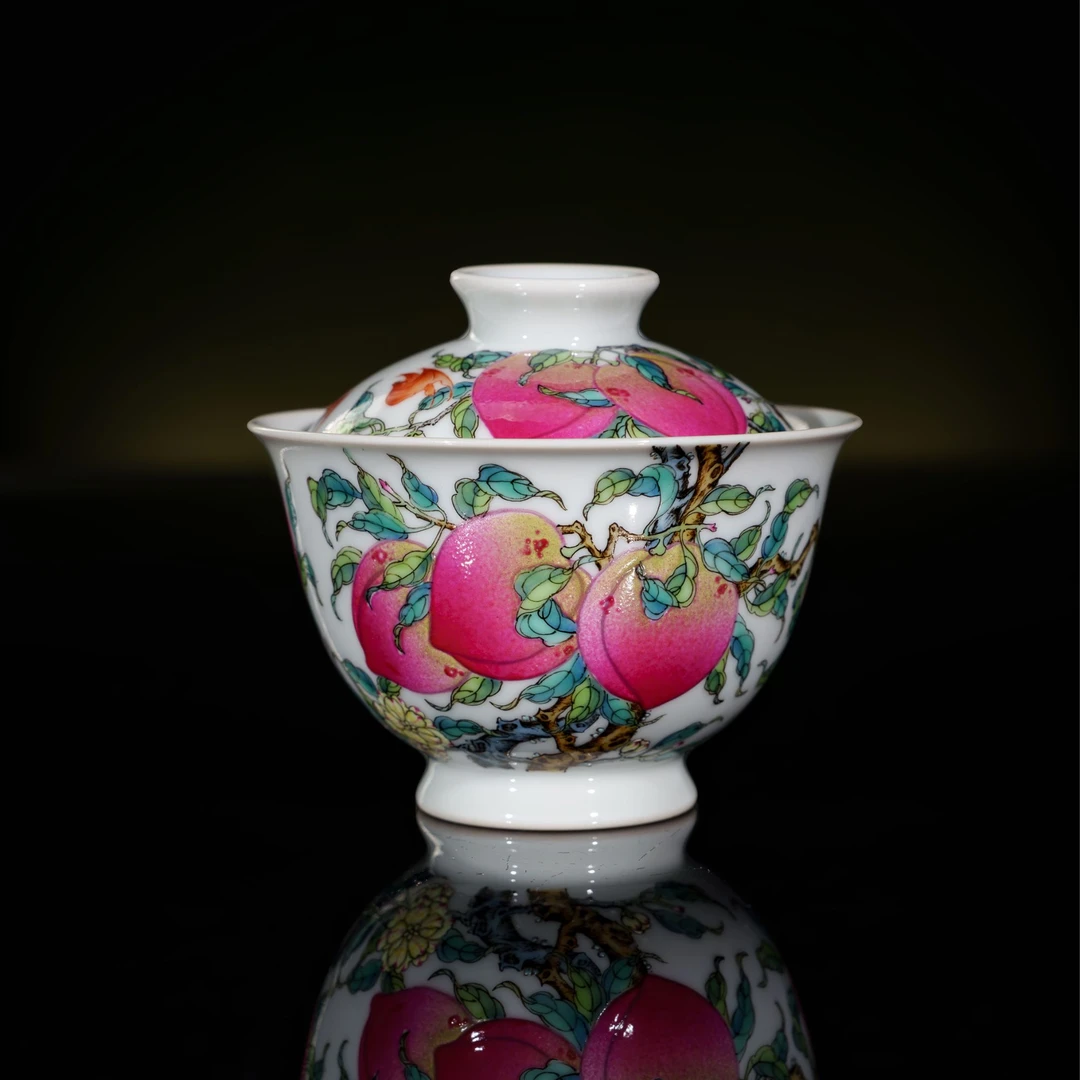 盛古珍玩 雍正粉彩寿桃盖碗