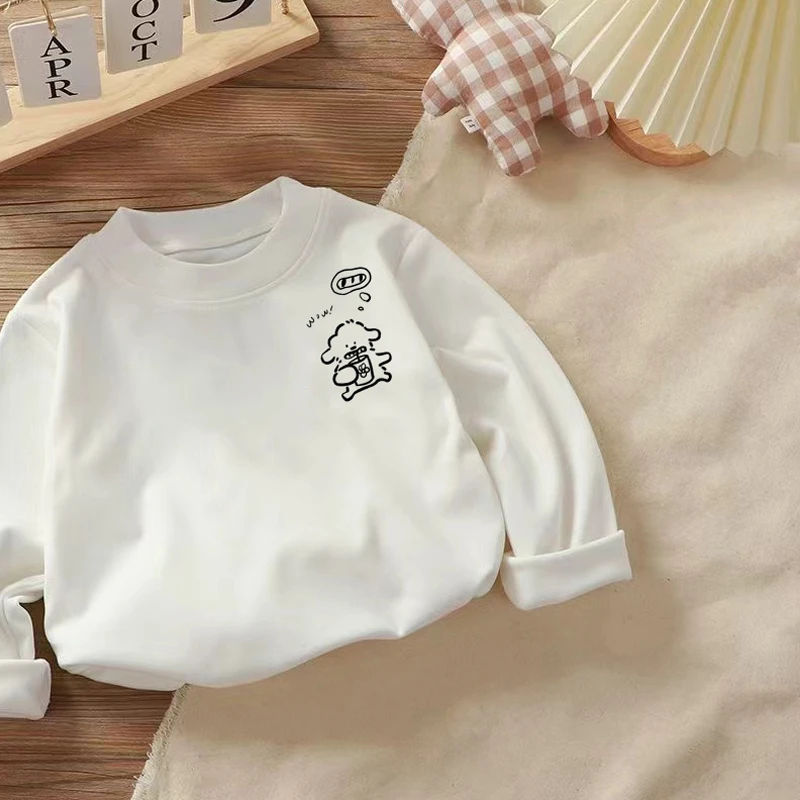 【220克加厚】儿童双面德绒打底秋季纯色卡通保暖长袖圆领上衣