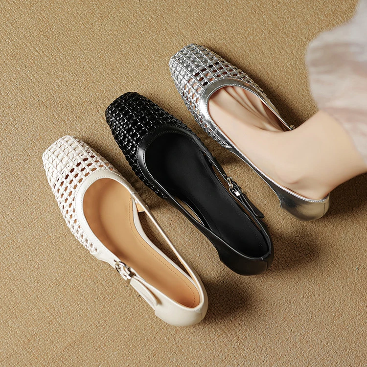 2025新款法式女方头粗跟编织镂空真皮后空