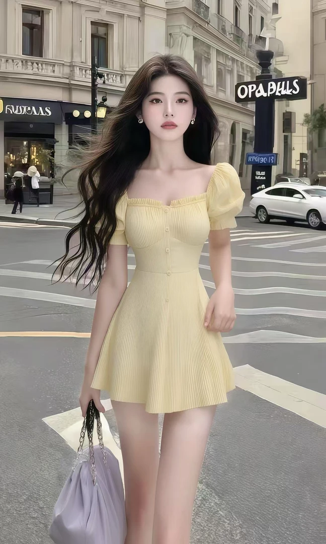 轻奢时尚高端大气短裙甜美风黄色方领收腰设计感显瘦小众连衣裙女