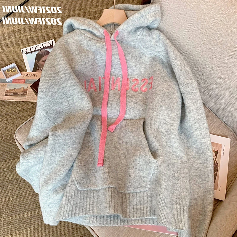 女装禅意仙气飘飘慵懒灰色连帽卫衣女秋冬加绒欧货高端刺绣中长款