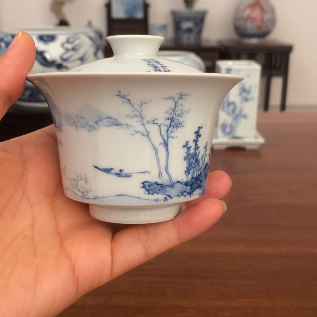 景德镇艺术文人山水盖碗