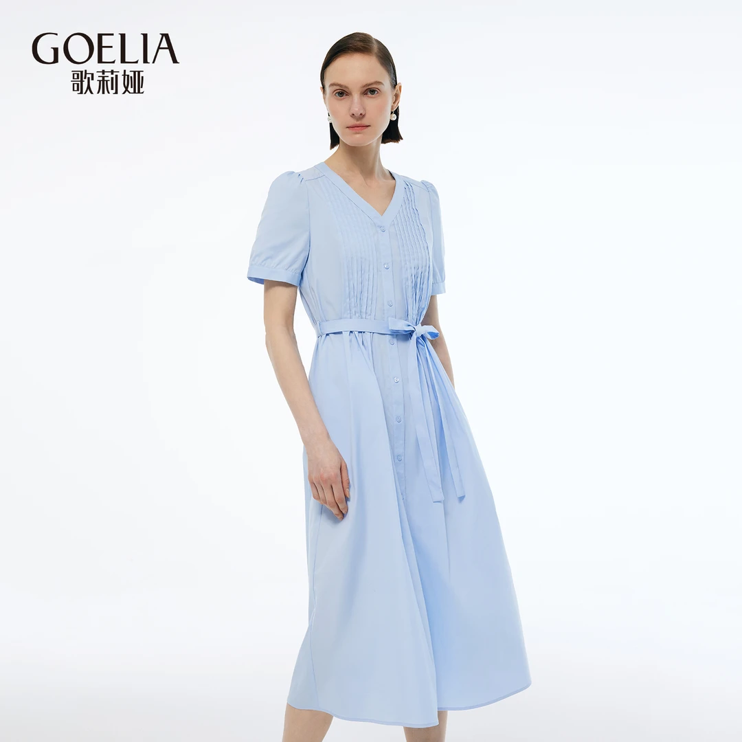 歌莉娅 夏季新品  V领打条重工艺连衣裙1E6C4K0Y0