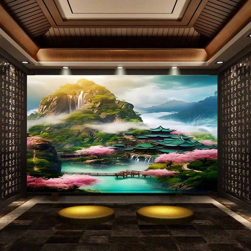 3D定制佛堂堂口山水画壁画贡桌仙境背景壁纸天宫云海墙布风景墙纸
