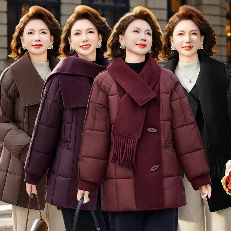 设计师款围巾领中长款妈妈装冬季新款洋气气质保暖棉服棉衣