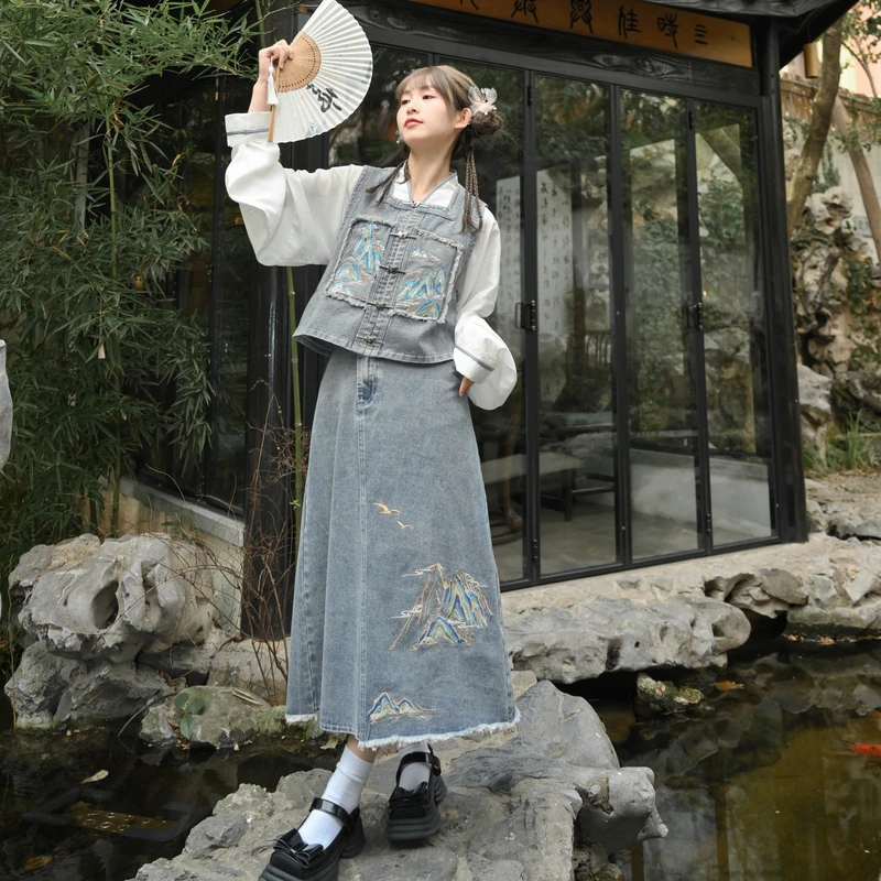 千里江山牛仔改良汉服三件套套装马甲半裙衬衫新中式森女部落原创