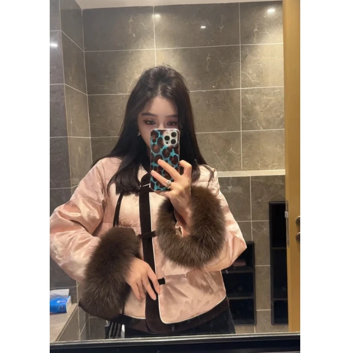 L28【翩若惊鸿】~新中式国风提花盘口拼毛保暖羽绒服 DL2703