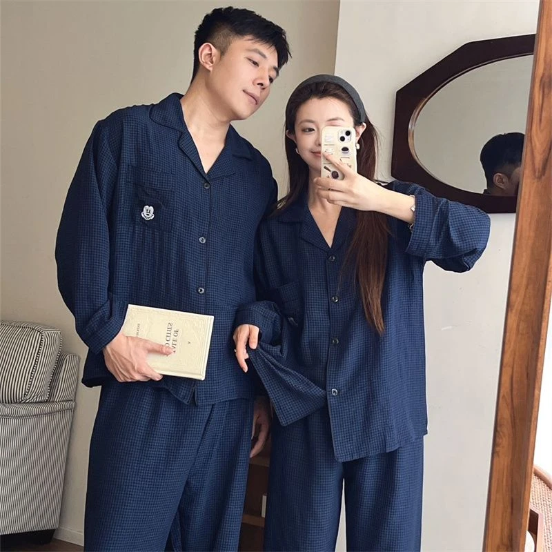 春秋季日系色织格子情侣睡衣男生休闲宽松卡通女士家居服套装夏季