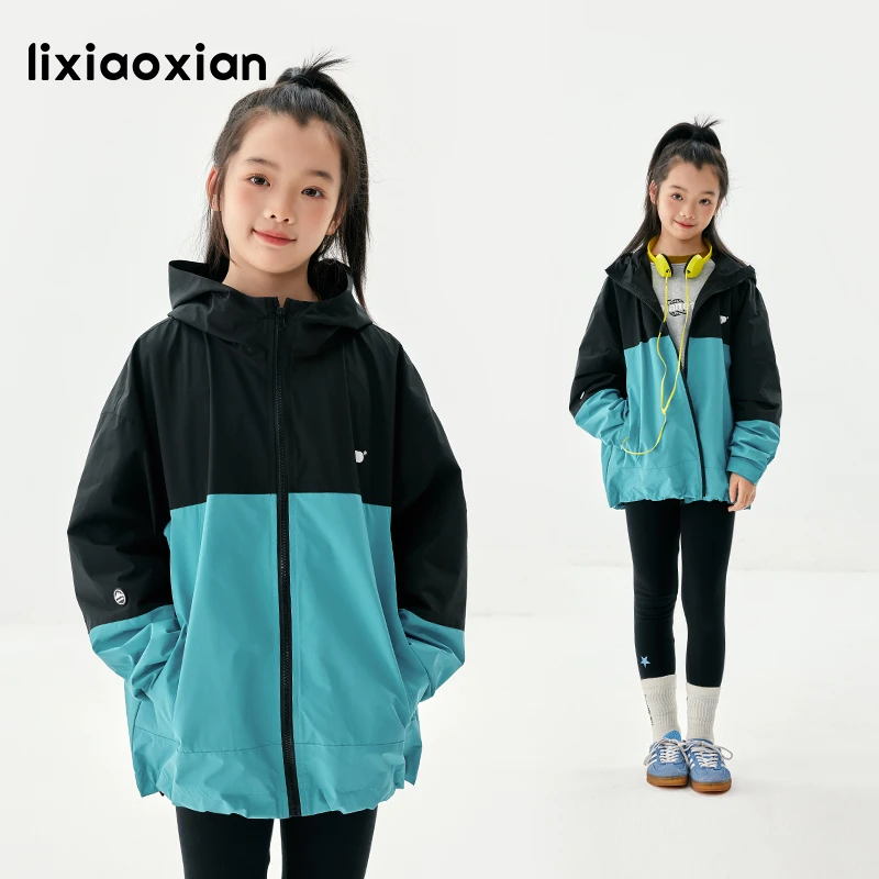 梨小闲儿童运动防风连帽夹克外套春秋新款女孩防风拒水拼色外套