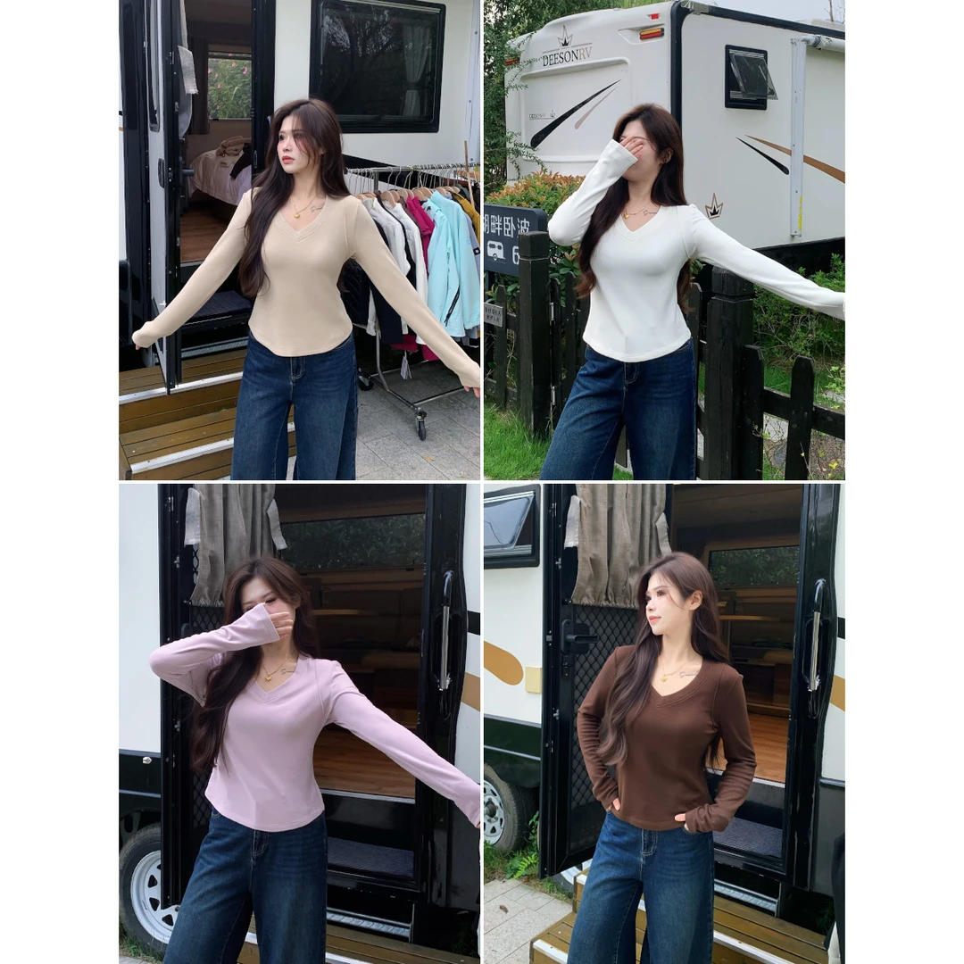 李潇洒【胶囊T】微胖大码秋冬纯色鸡心领磨毛基础百搭保暖修身内搭