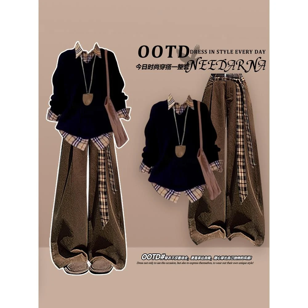 特大码300斤秋季韩系假两件卫衣男女一整套美拉德休闲运动套装潮2