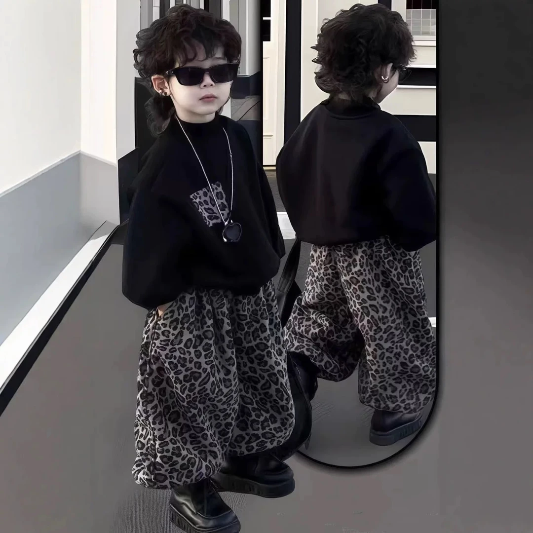 春秋季男童装韩版帅气洋气潮酷男孩儿童网红宝宝上衣豹纹裤子套装