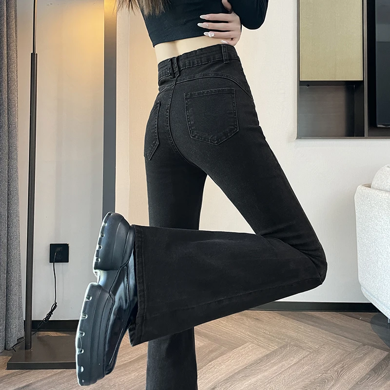 烟灰色高腰阔腿牛仔裤女2025秋冬新款宽松显瘦加绒不贴腿微喇叭裤