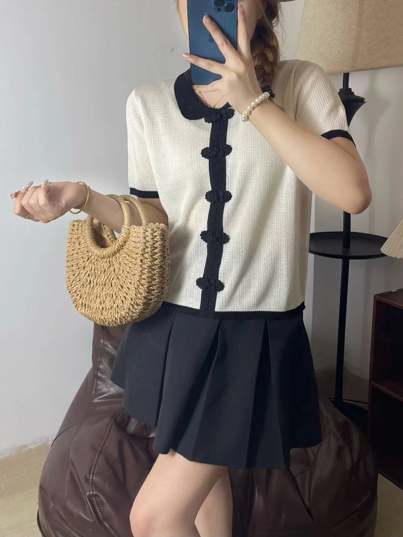 时尚针织衫拼色夏季薄款气质女显瘦短袖