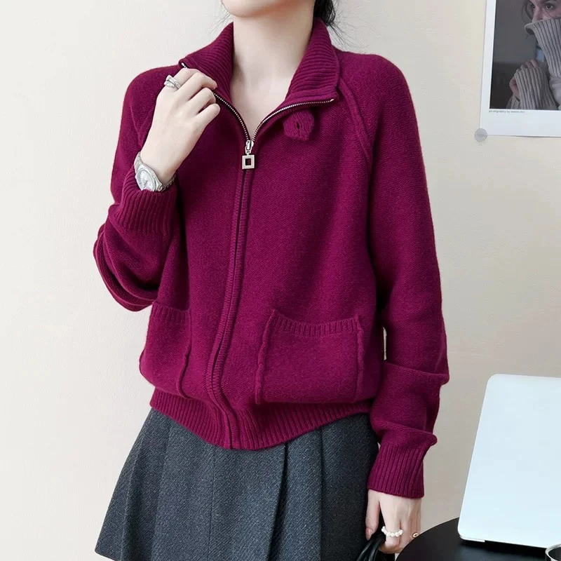 2024年冬季新款糖果色拉链立领休闲百搭7710加厚保暖针织开衫毛衣