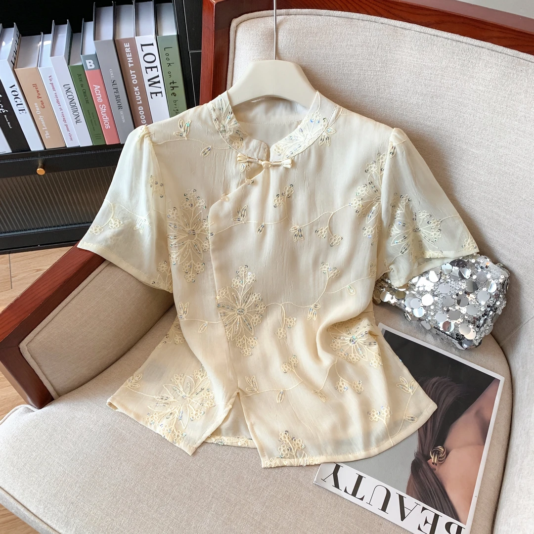 中国风薄款女装夏季2025年新款复古新中式提花短袖显瘦百搭衬衫潮