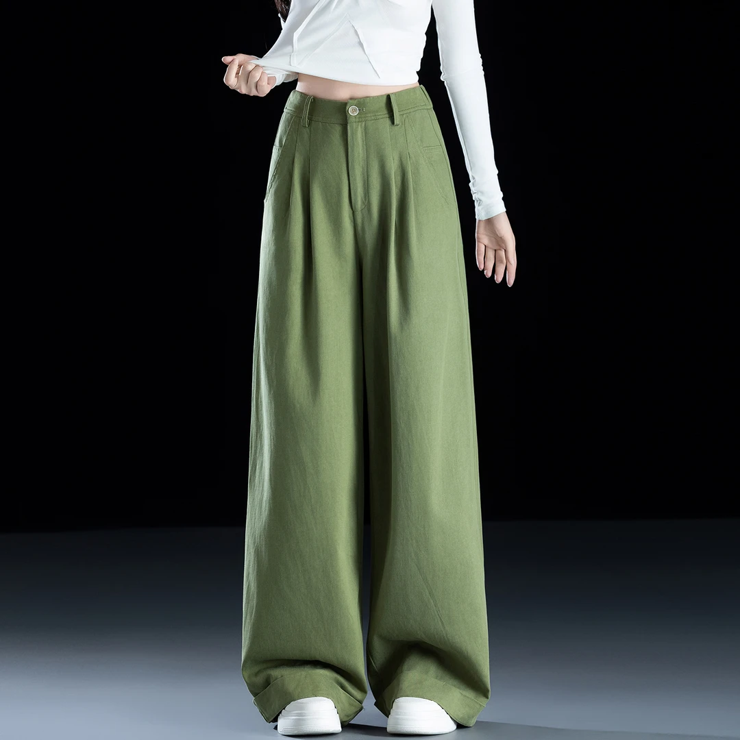 牛油果绿天丝棉阔腿裤女2025新款秋季裤子直筒翻边休闲裤高腰宽松